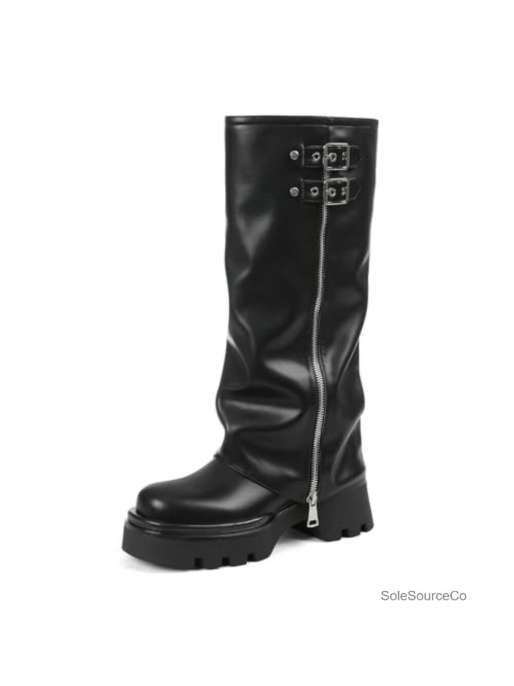 Platform Knee High Fold Over Boots Women Faux Leather Gothic Motorcycle